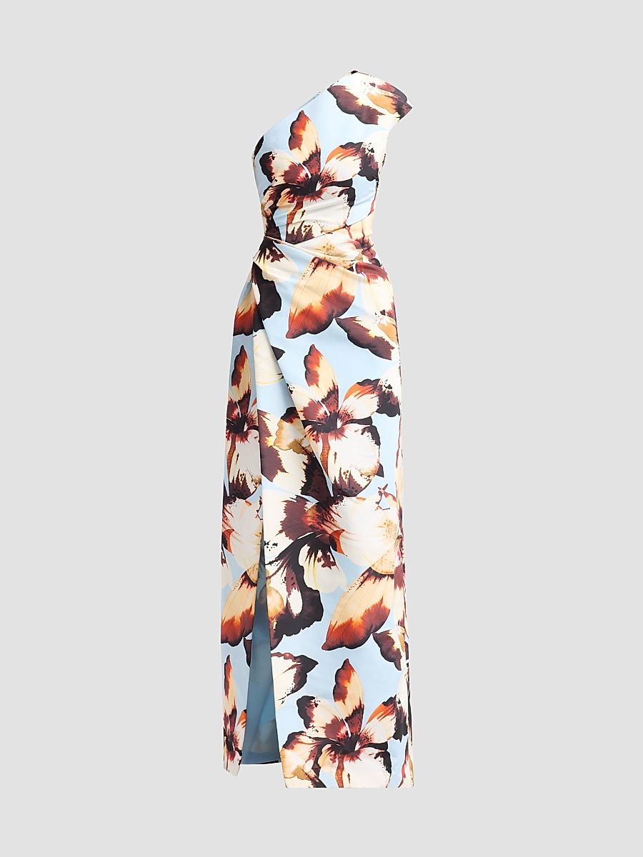 Women's Floral Silk Faille One-Shoulder Gown - Breeze Multi - Size 10