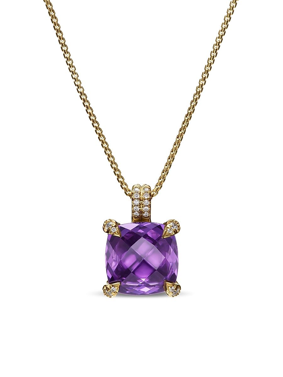 Women's Chatelaine Pendant Necklace in 18K Yellow Gold with Pavé Diamonds - Amethyst
