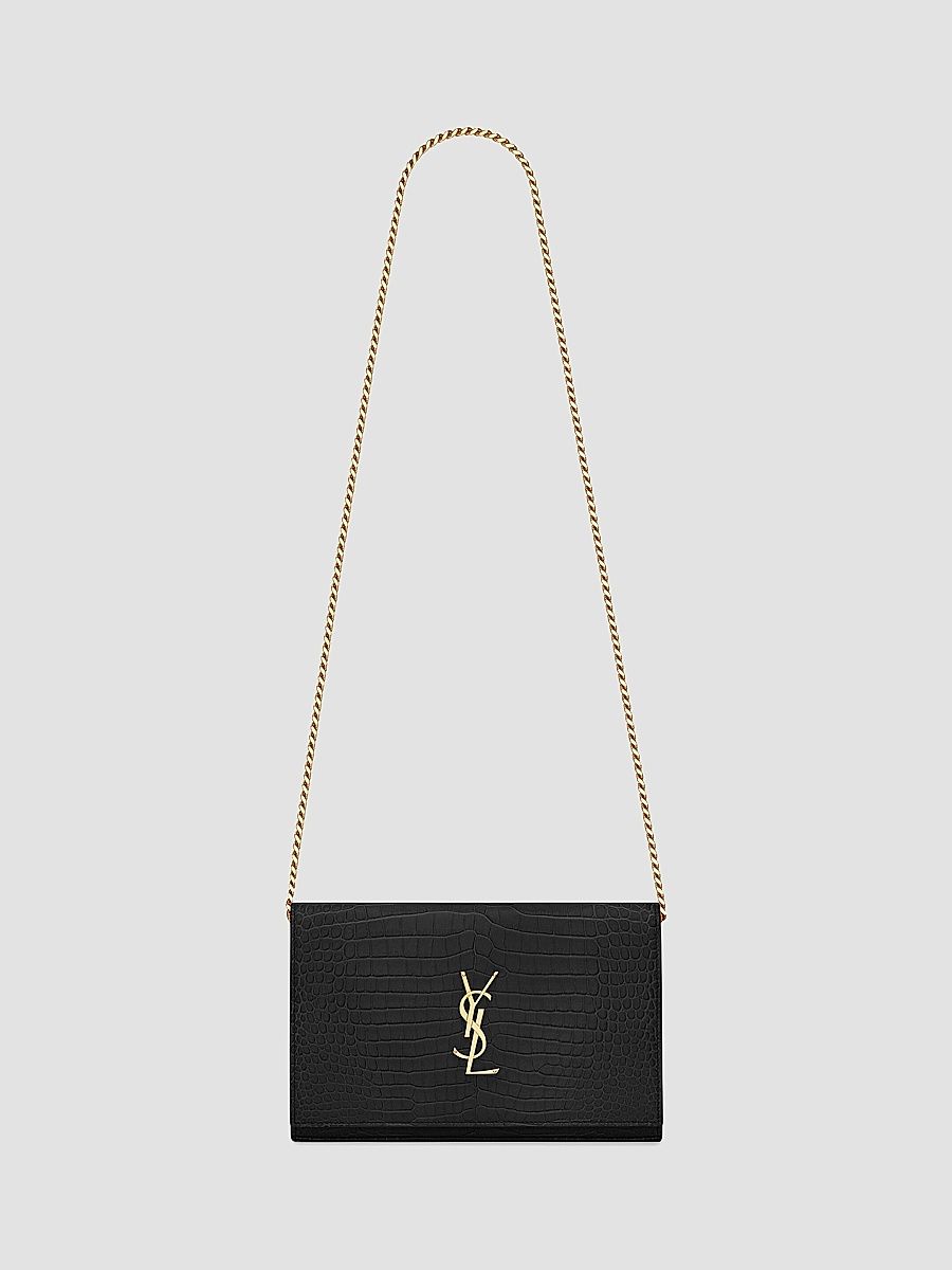 Saint Laurent Women's Cassandre Chain Wallet in Crocodile-Embossed Shiny Leather - Black
