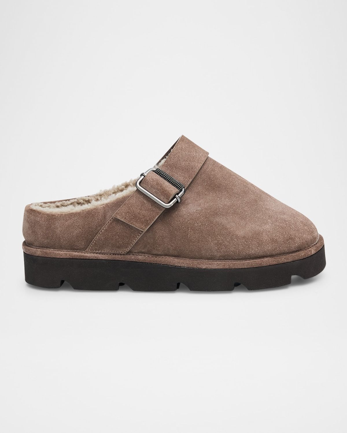 Shiny Detail Shearling-Lined Suede Mules