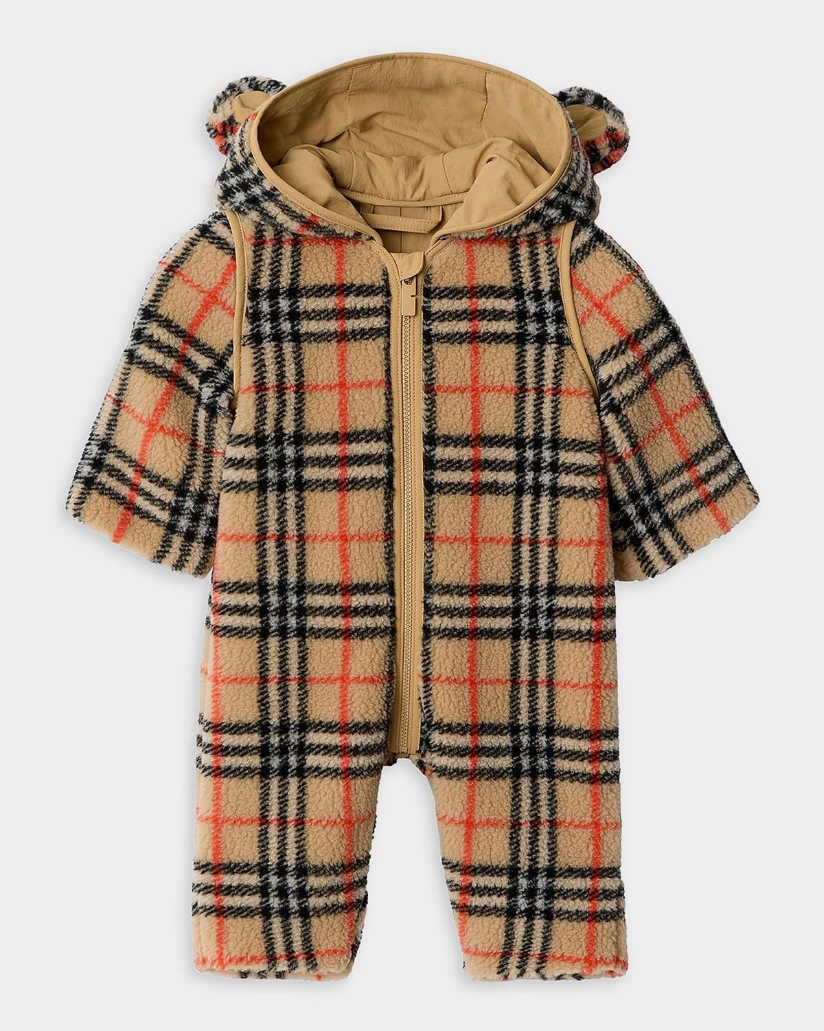 Kid & apos;s Check Fleece Bear Hooded Jumpsuit, Size 1M-18M