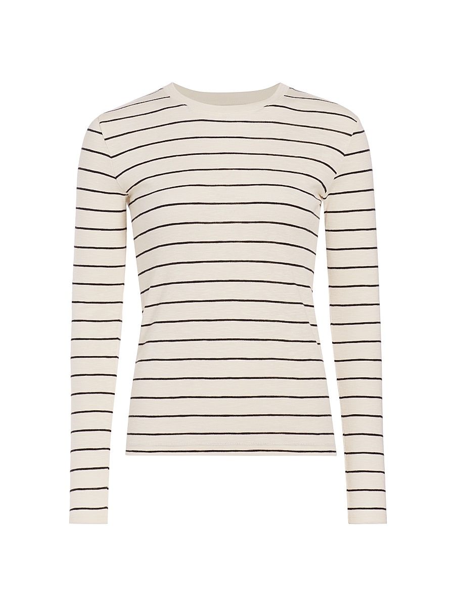 Women's Striped Cotton-Blend Crewneck Long-Sleeve T-Shirt - Black Combo - Size XXS