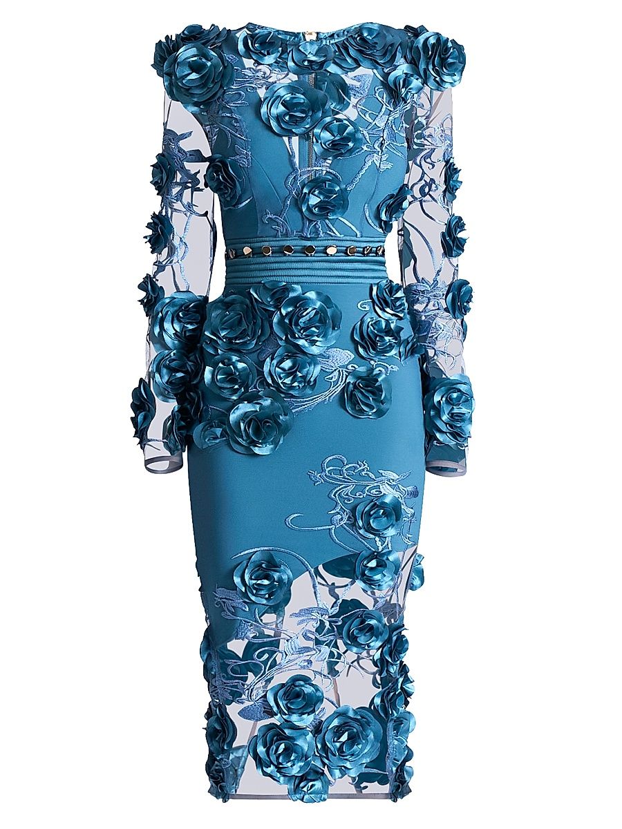 Women's Chimera Floral Mesh Midi-Dress - Dusty Blue - Size 4