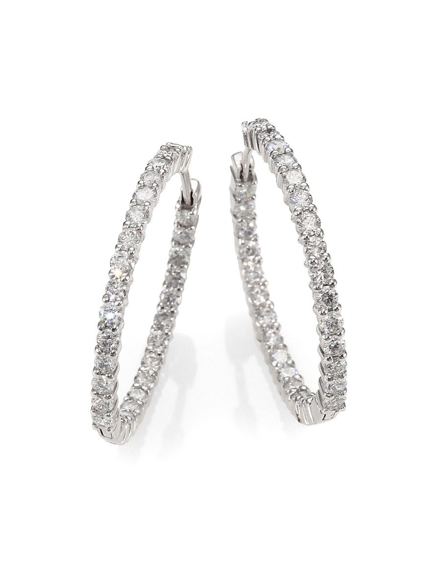 Women's 18K White Gold & Diamond Hoop Earrings/1.2" - White Gold