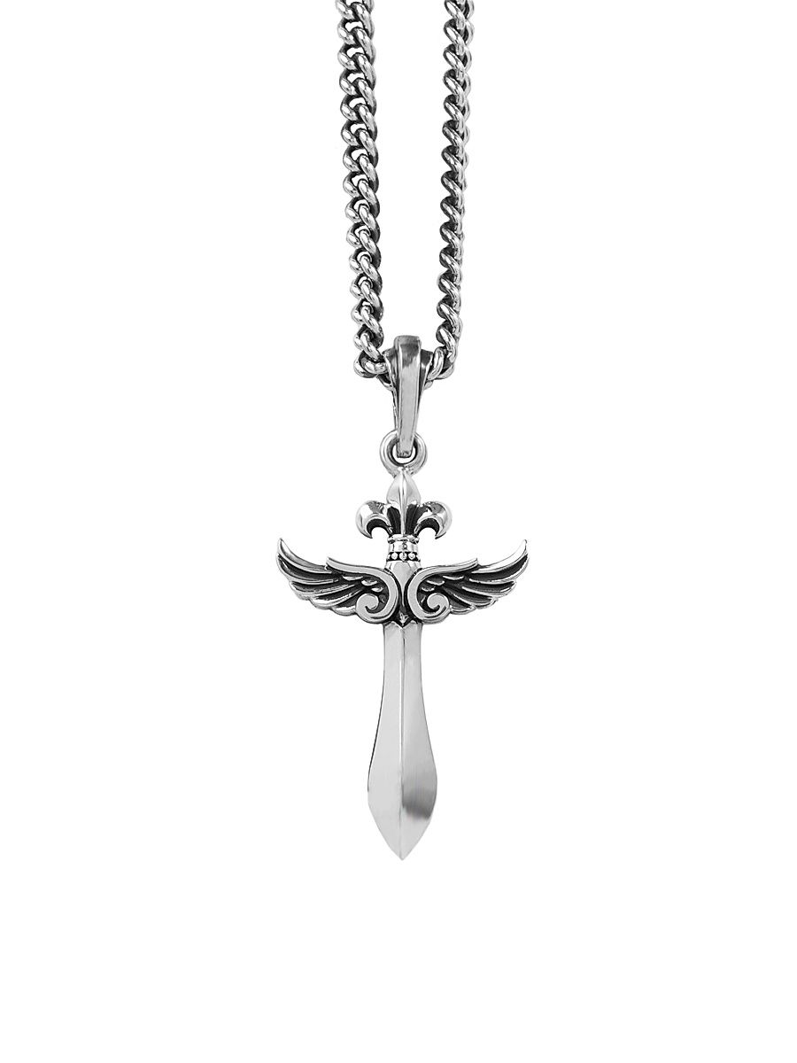 Men's Sterling Silver Daggar Winged Cross Pendant Necklace - Silver