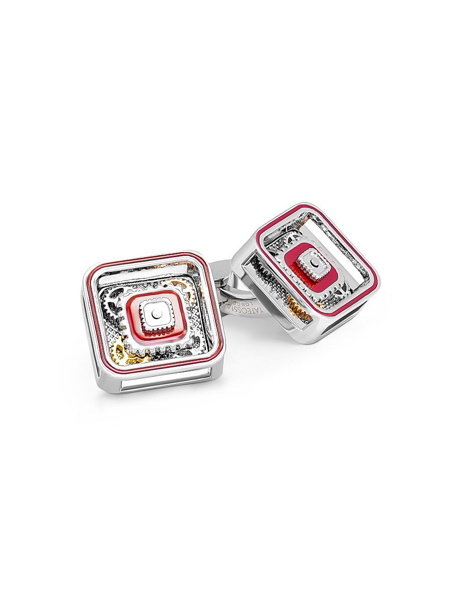 Men's Silvertone & Enamel Gear Cufflinks - Red
