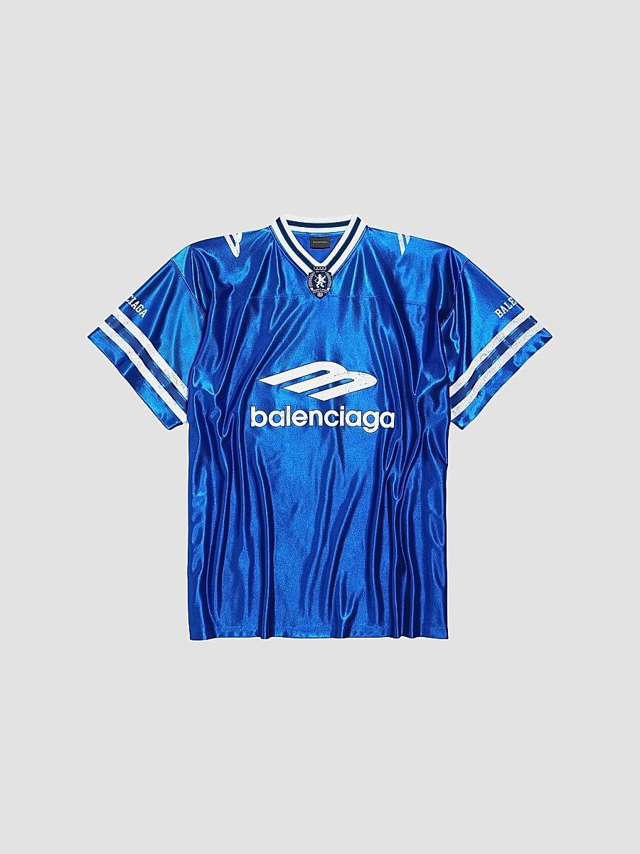 Balenciaga Men's 3B Football V-Neck Oversized T-Shirt - Royal Blue White - Size Large