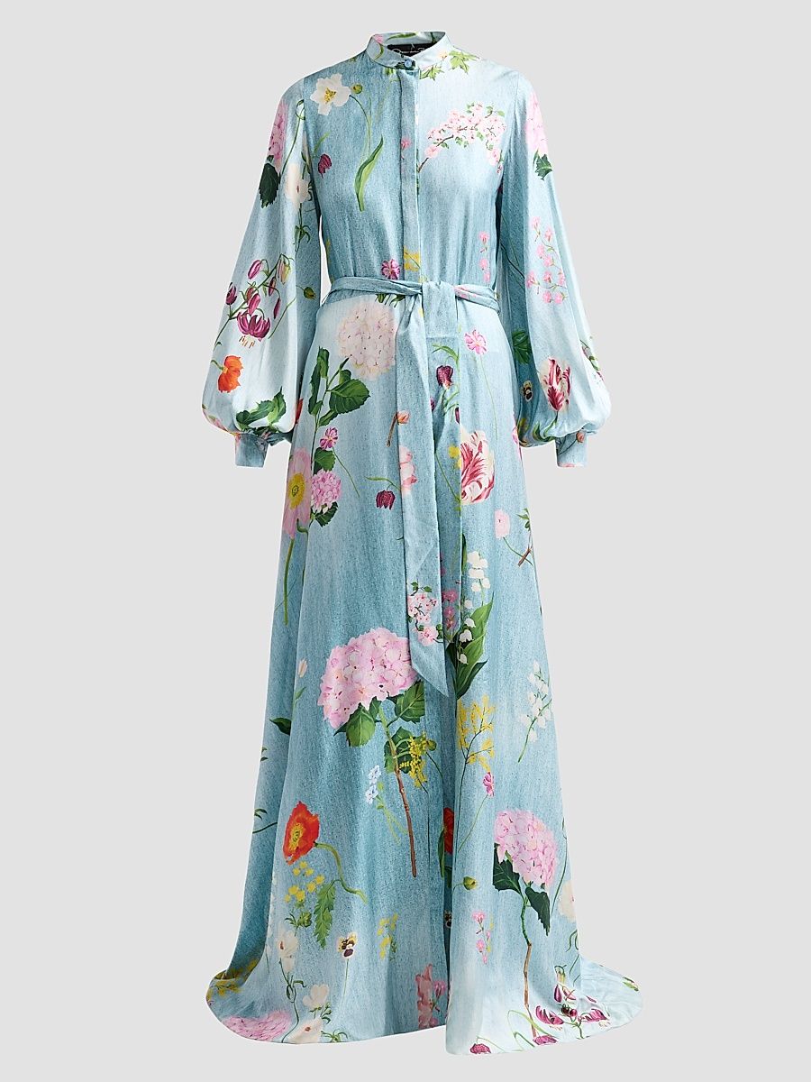 Women's Mixed Botanical Silk Twill Caftan Dress - Blue Multi - Size Medium