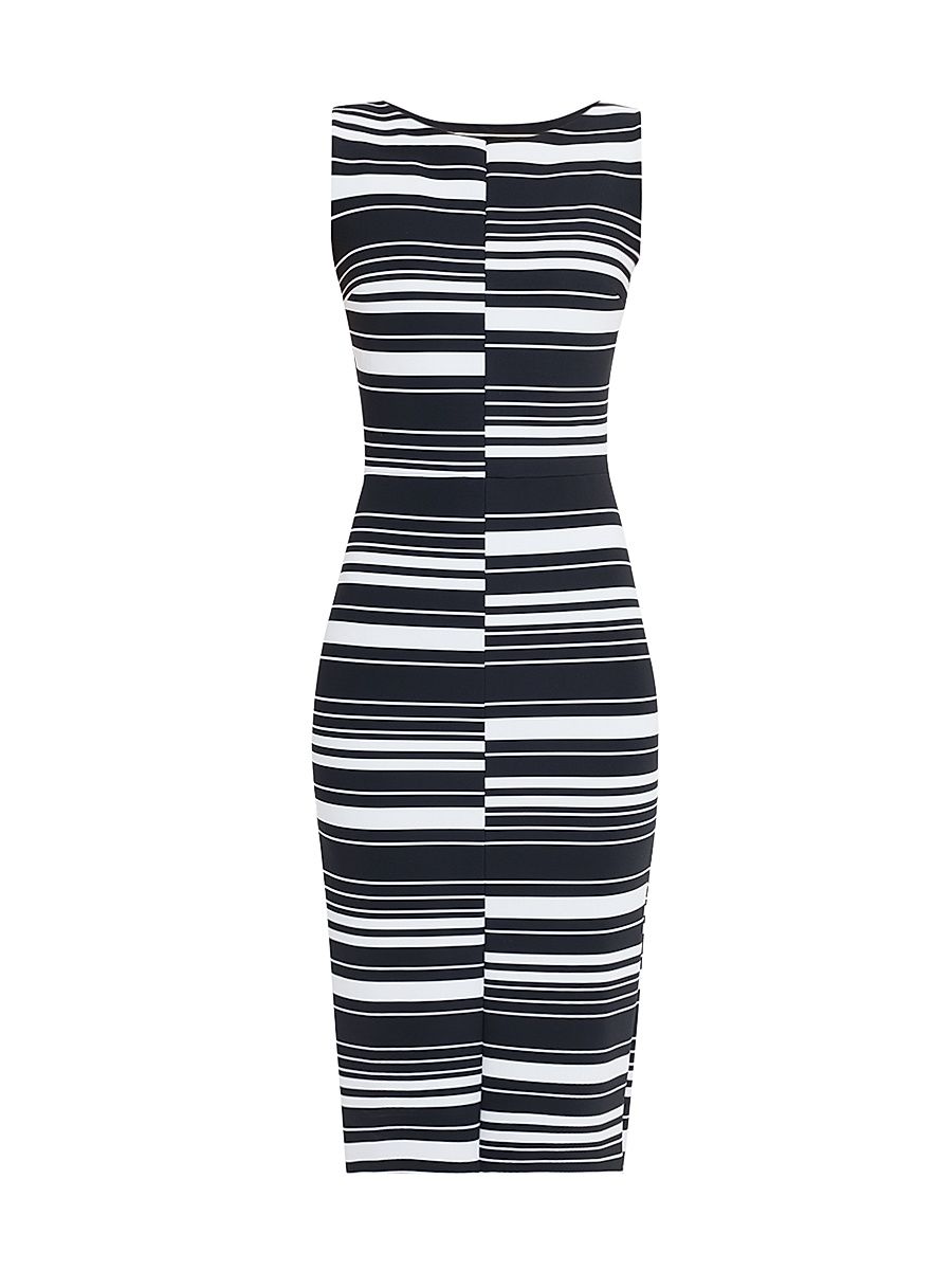 Women's Striped Bodycon Midi-Dress - Black White - Size 8