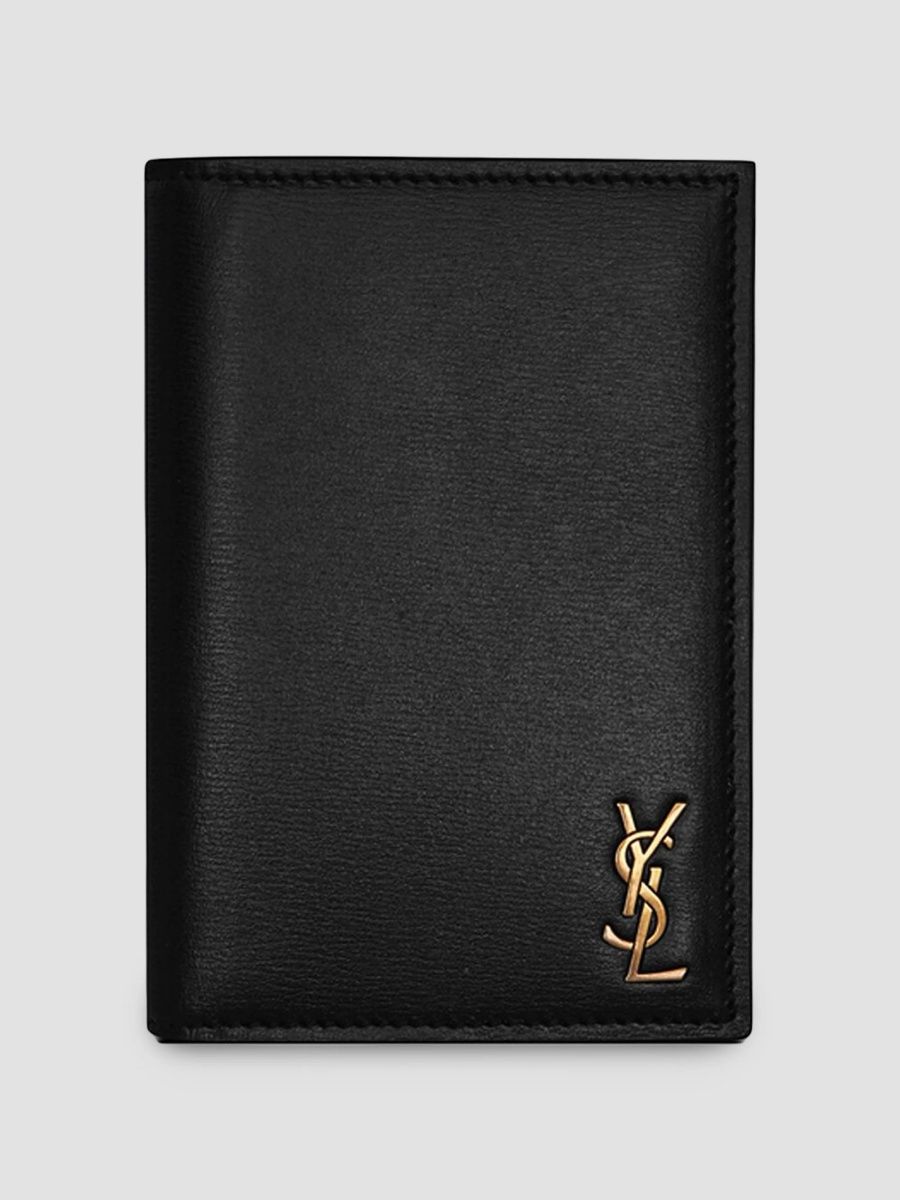 Saint Laurent Men's Tiny Cassandre Credit Card Wallet in Shiny Leather - Nero