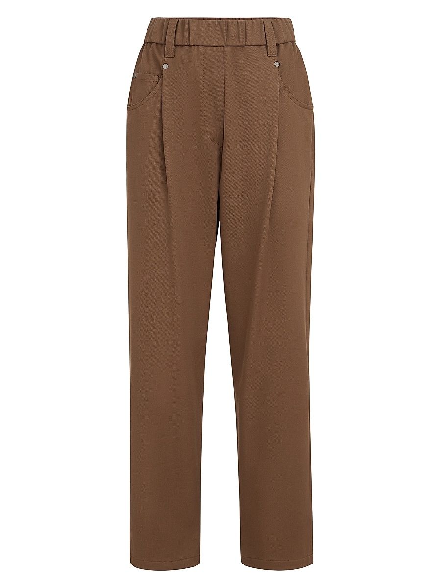 Women's Stretch Cotton Cover Baggy Pull-On Trousers with Shiny Bartack - Cigar - Size 4