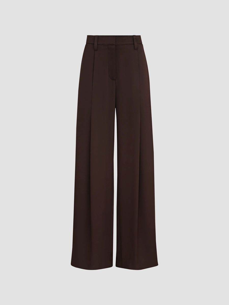 Brunello Cucinelli Women's Silk Satin Pleated Barrel Trousers with Monili - Coffee - Size 12