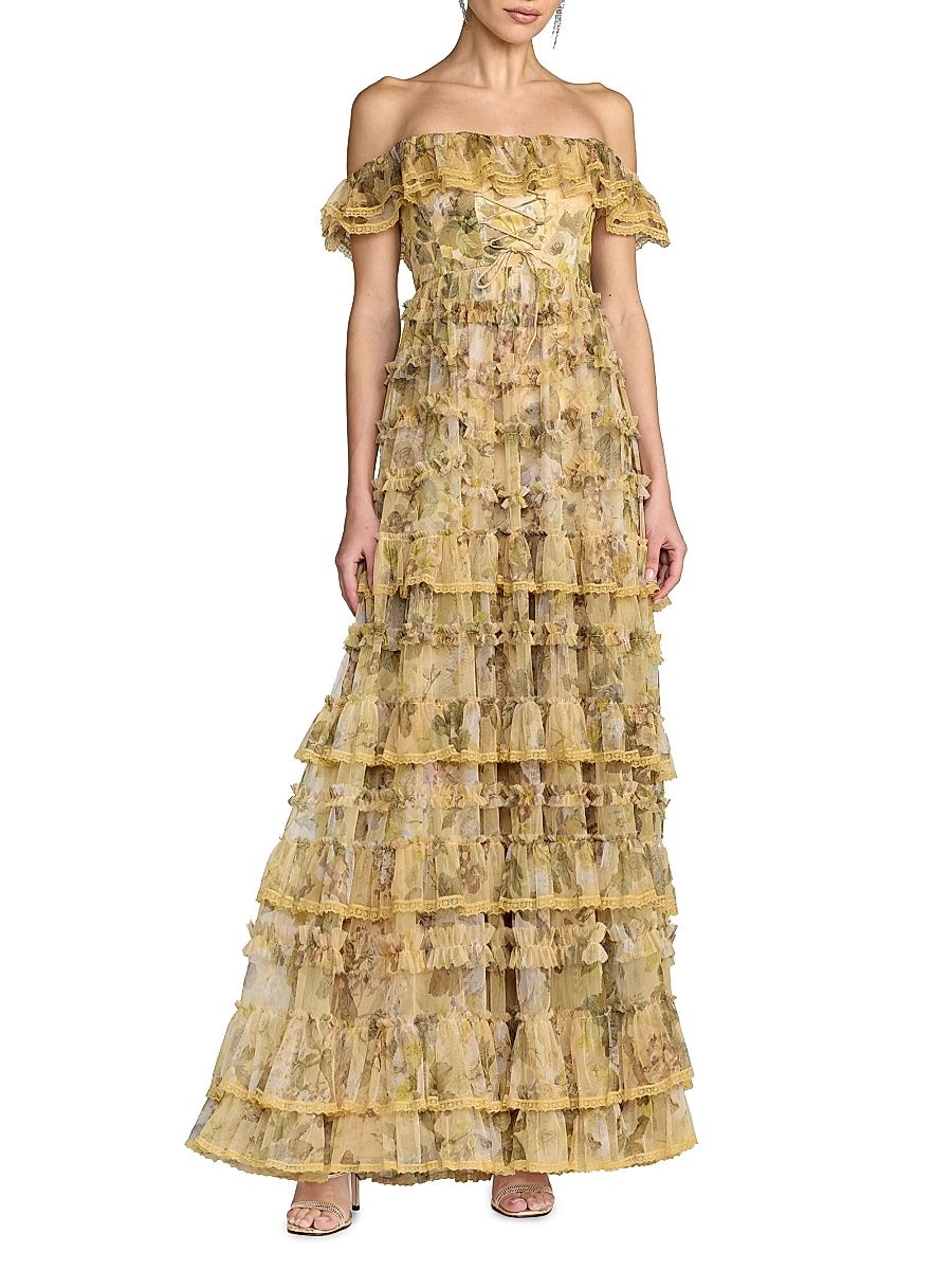 Women's Floral Tiered Off-The-Shoulder Gown - Buttercream - Size 12