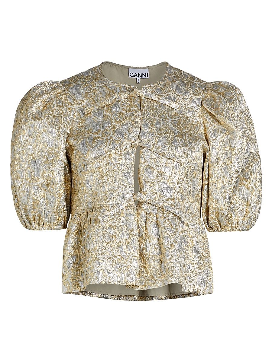 Women's Metallic Cloque Peplum Blouse - Gold Silver - Size 6