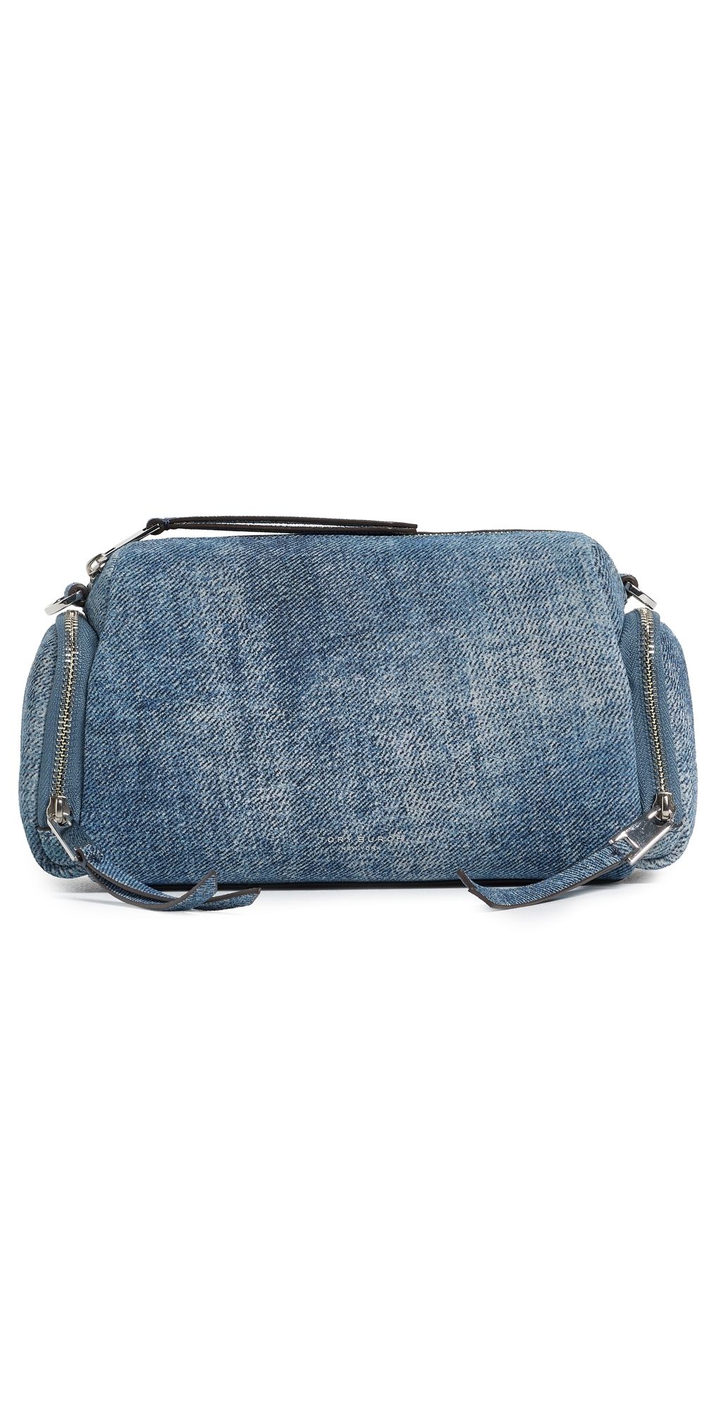 Tory Burch Perry Denim Print Suede Voyager Camera Bag Blue Jean One Size