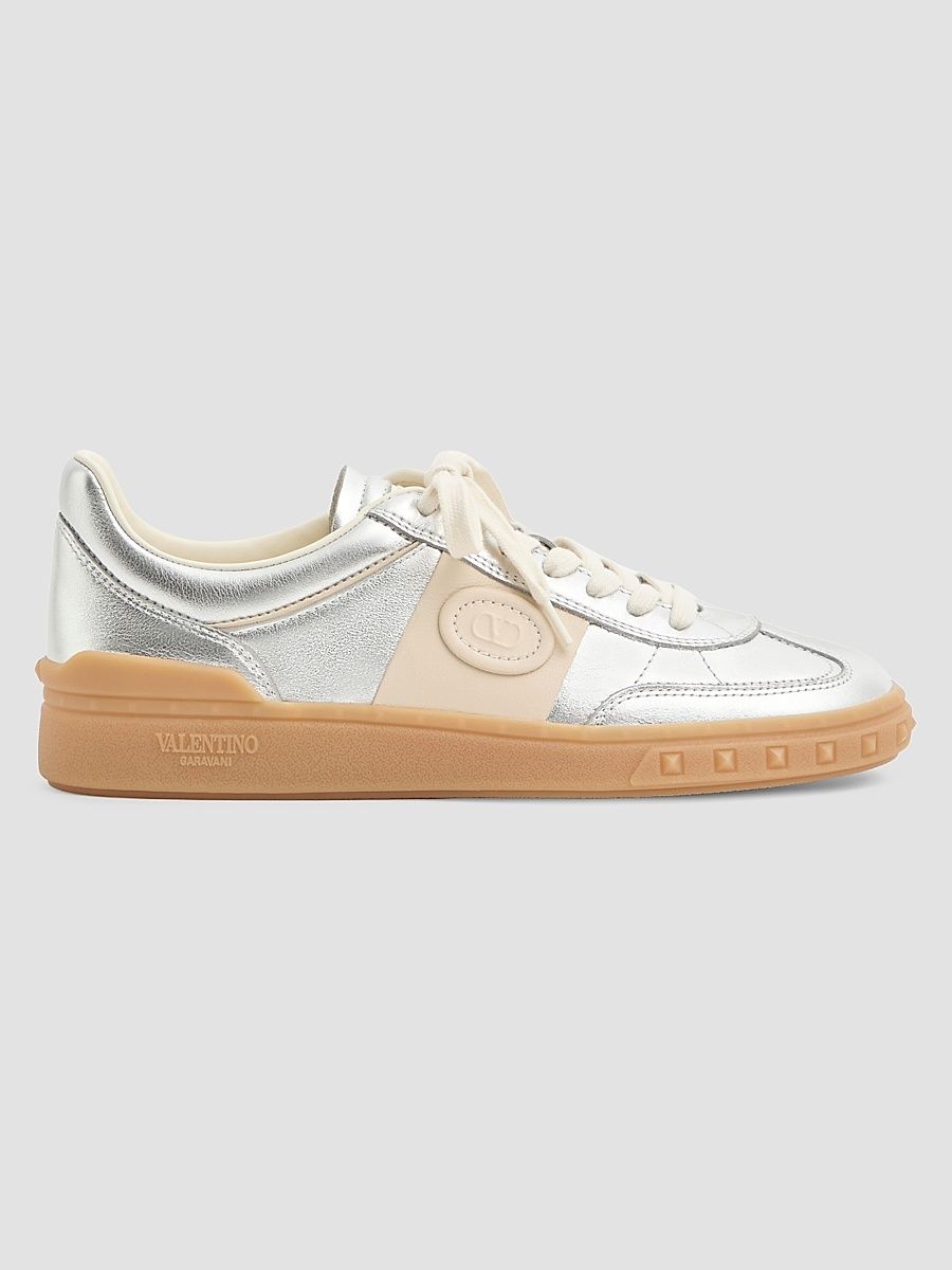 Women's Sneakers in Laminated Calfskin with Nappa Calfskin Leather Band - Silver Ivory - Size 6.5