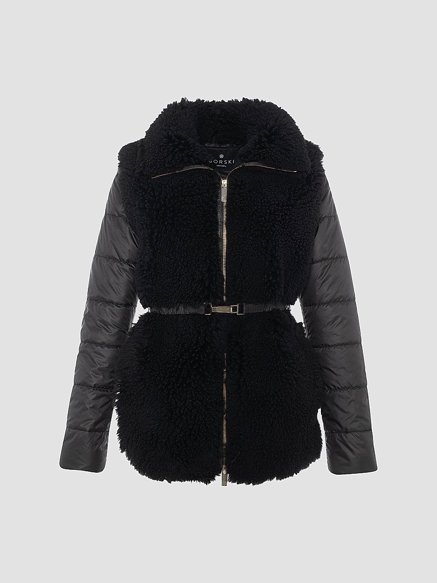 Gorski Women's Curly Shearling Lamb Jacket with Quilted Sleeves and Back, Belt - Black - Size XL