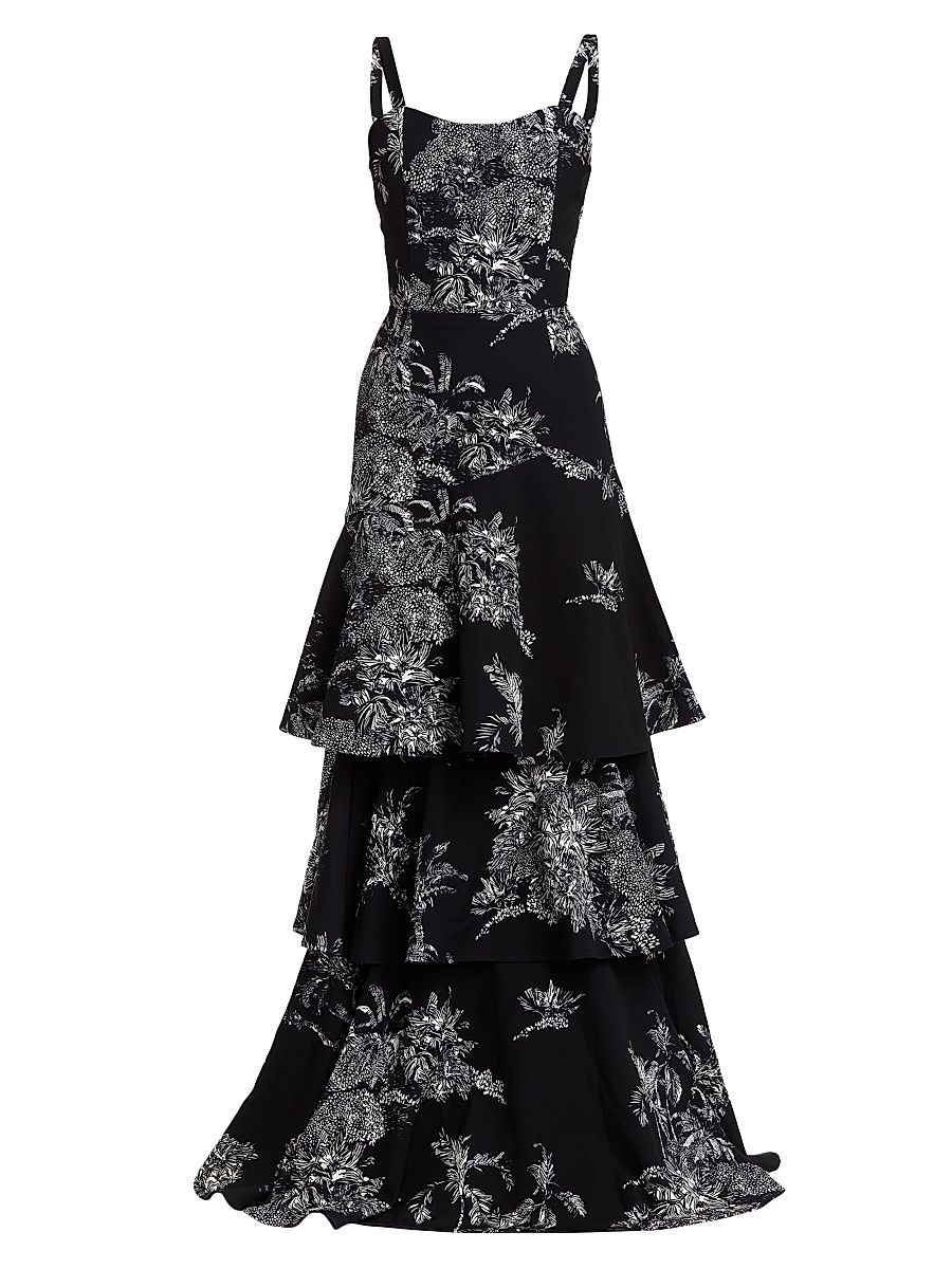 Women's Torero Ruffled Floral Gown - Black Ivory - Size 14