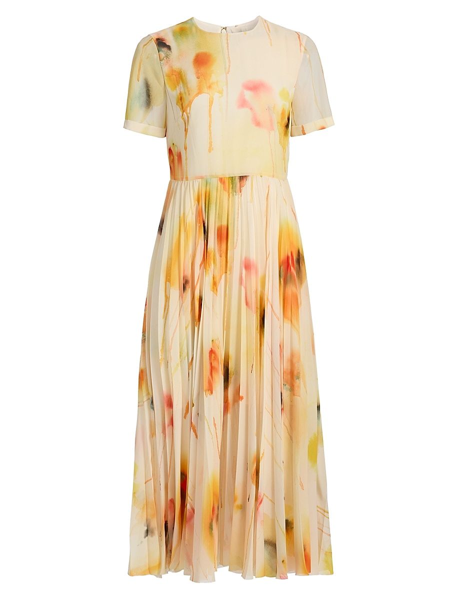 Women's Watercolor Floral Pleated Chiffon Midi-Dress - Limoncello Multi - Size 14
