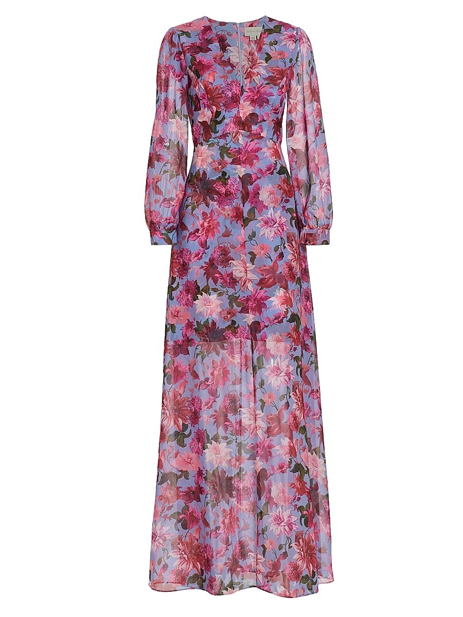 Women's Penny Floral Chiffon Gown - Pink And Periwinkle Dahlia - Size 8