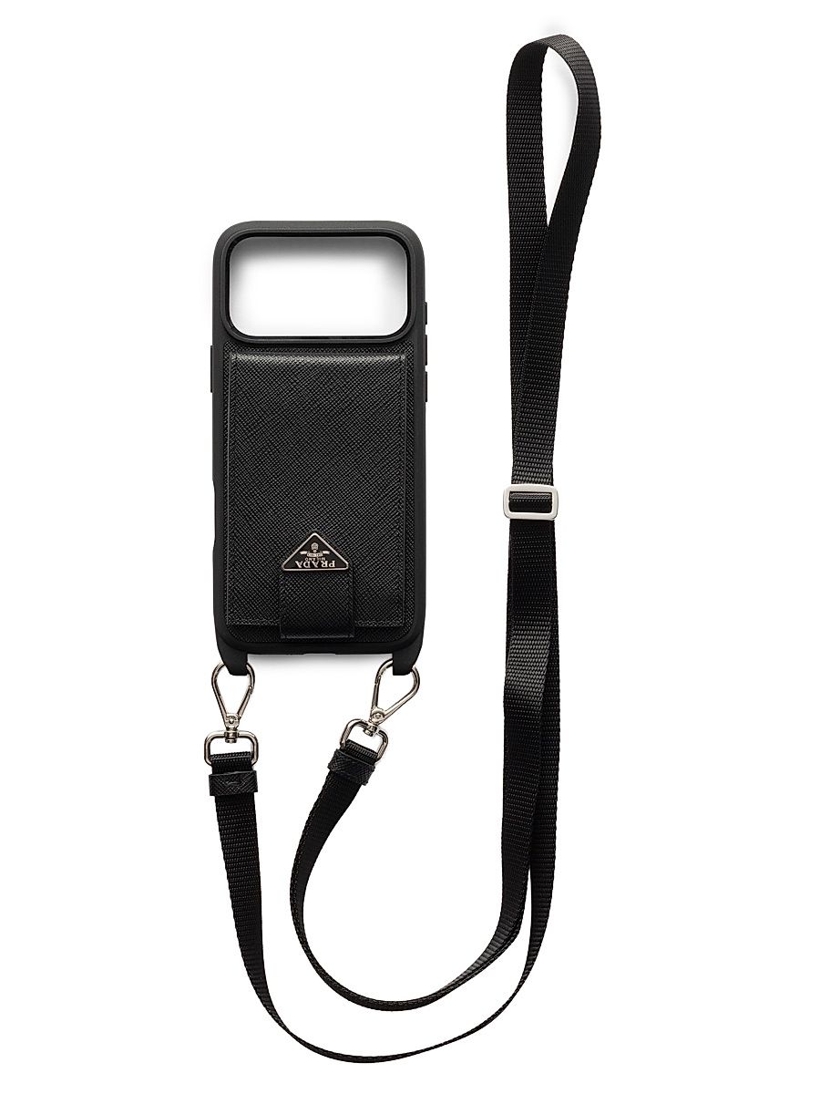 Women's Saffiano Leather Case for iPhone 17 Pro Max with Shoulder Strap - Black