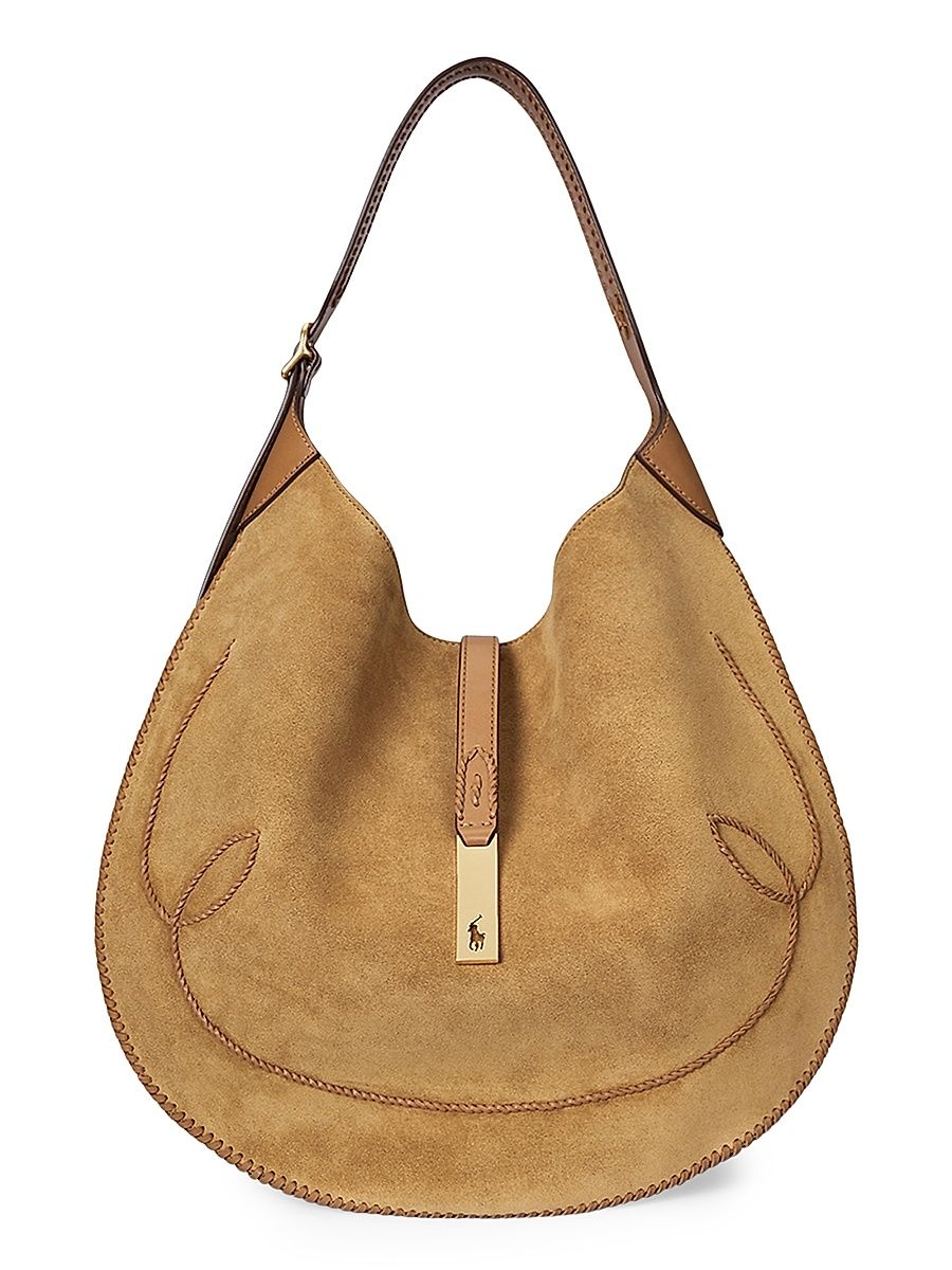 Women's Polo ID Medium Whipstitch Suede Shoulder Bag - Tan