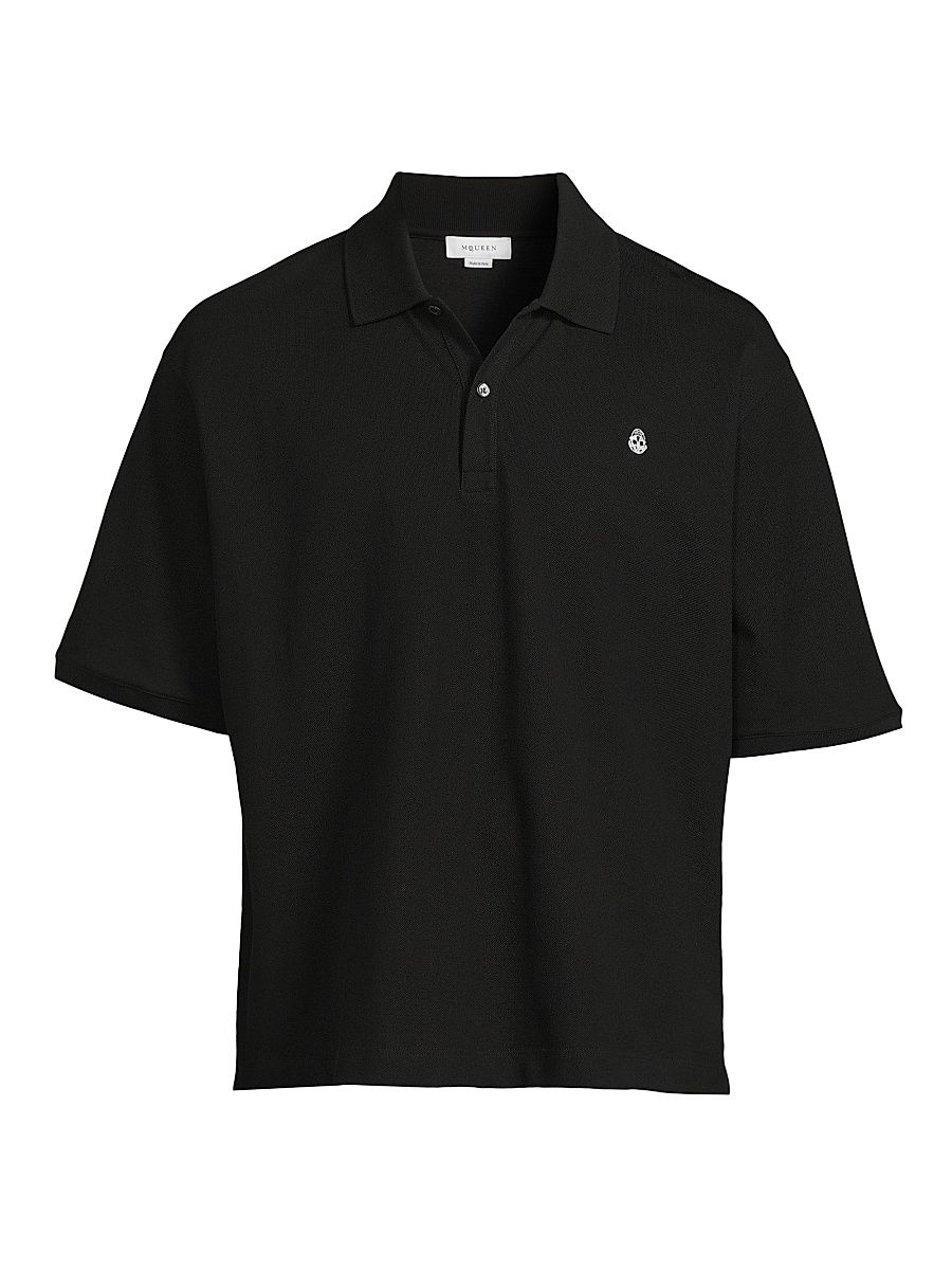 Men's Skull Embroidered Boxy Cotton Polo Shirt - Black - Size XXL