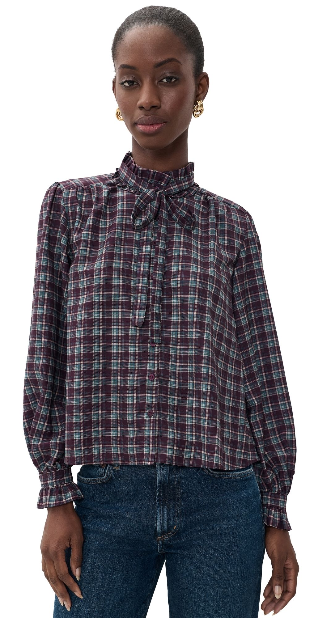 ASTR the Label Alyssa Ruffle Collar Top Eggplant Plaid S