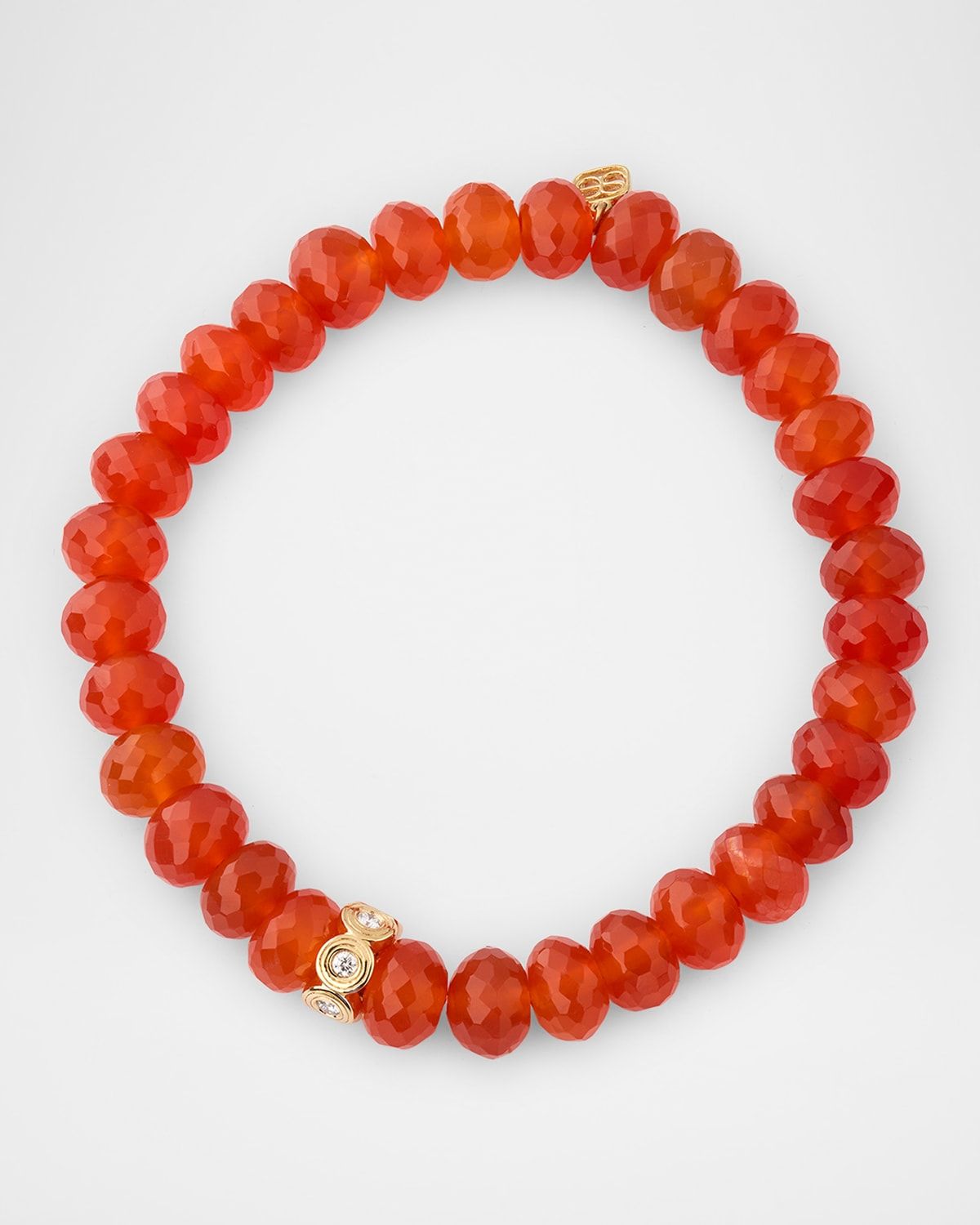Fluted Stone Rondelle with Diamonds on Carnelian Rondelle Bead Bracelet