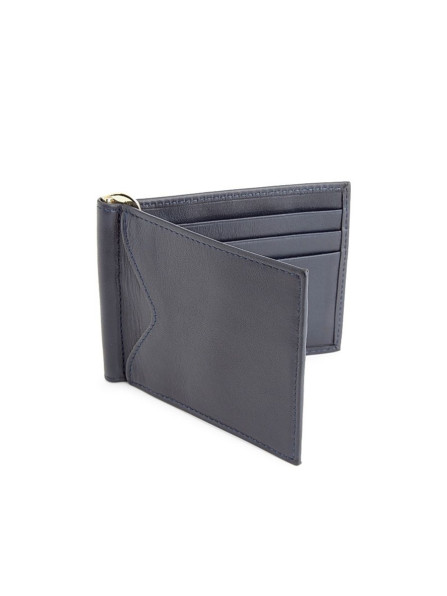 Men's RFID-Blocking Leather Money Clip Wallet - Navy Blue
