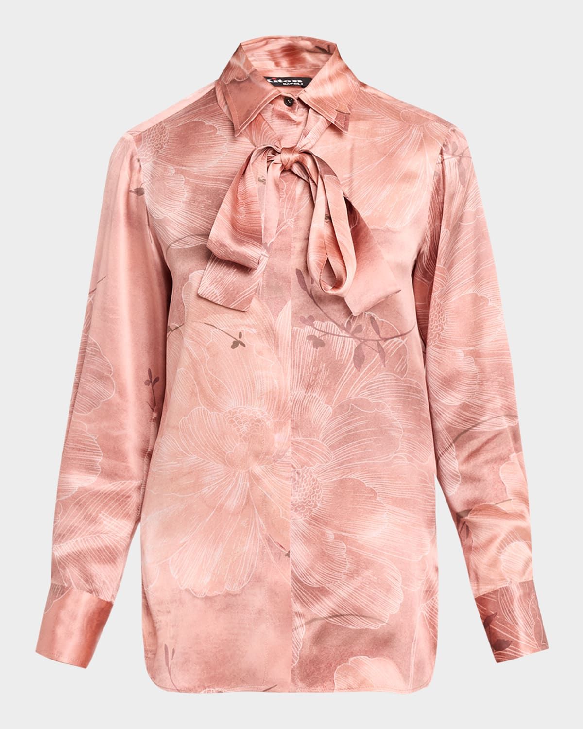 Floral Silk Button-Down Shirt With Neck Scarf