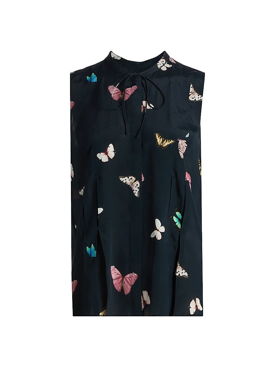 Women's Arden Butterfly-Printed Pleated Sleeveless Blouse - Black Butterfly Multi - Size Large