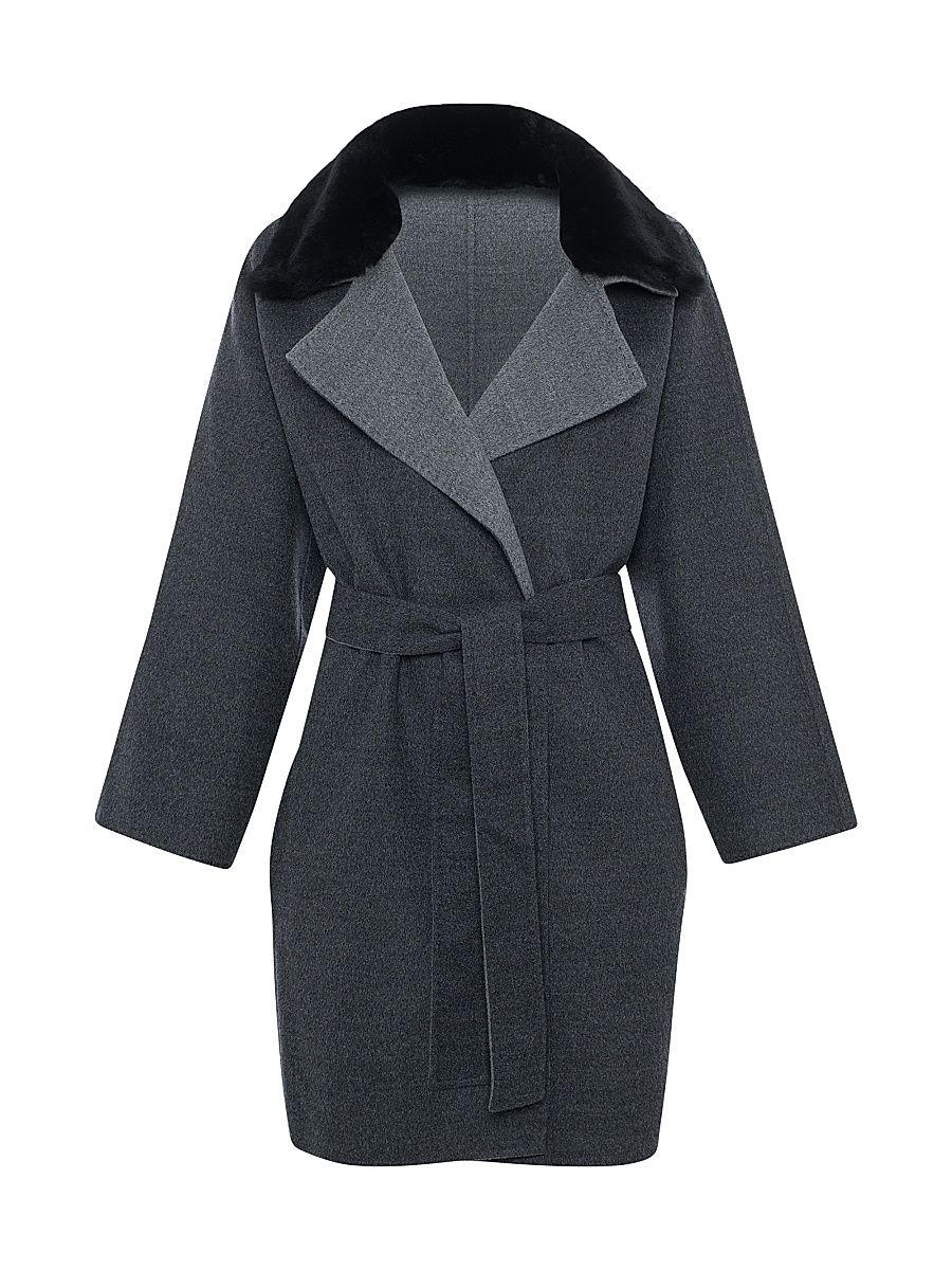 Women's Reversible Loro Piana Wool Stroller with Detachable Select Shearling Lamb Collar, Belt - Dark Grey - Size Small