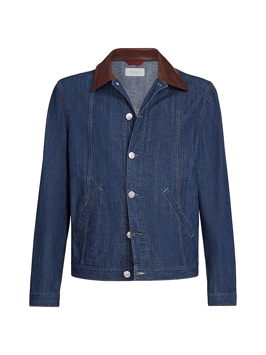 Men's Lightweight Denim Outerwear Jacket with Leather Collar - Denim - Size 50