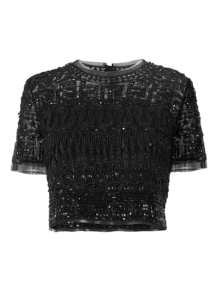 Women's Bead & Sequin-Embellished Short-Sleeve Top - Black - Size 8