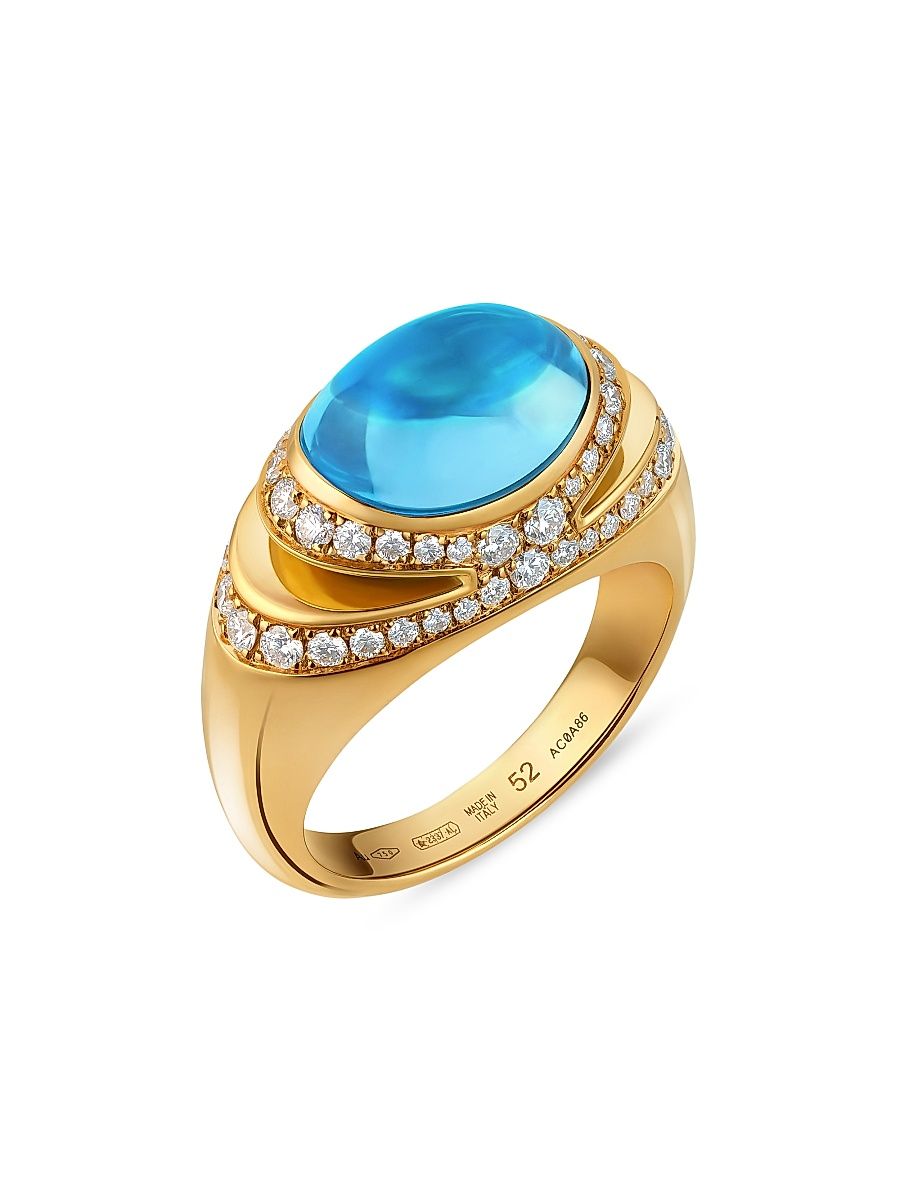 Women's BVLGARI Cabochon 18K Yellow Gold, Blue Topaz & 0.59 TCW Diamond Ring - Yellow Gold - Size 7