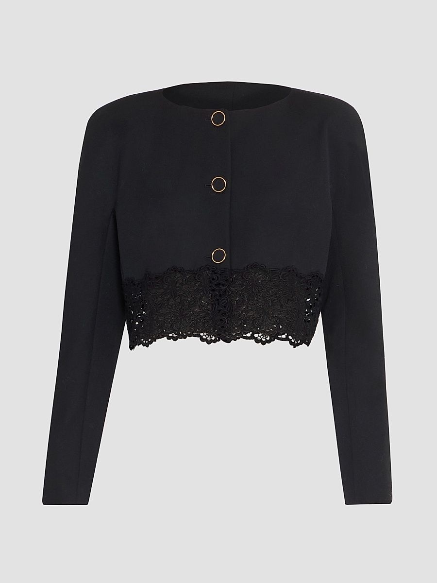 Women's Guipure Lace-Wool Cropped Sweater - Black - Size 12