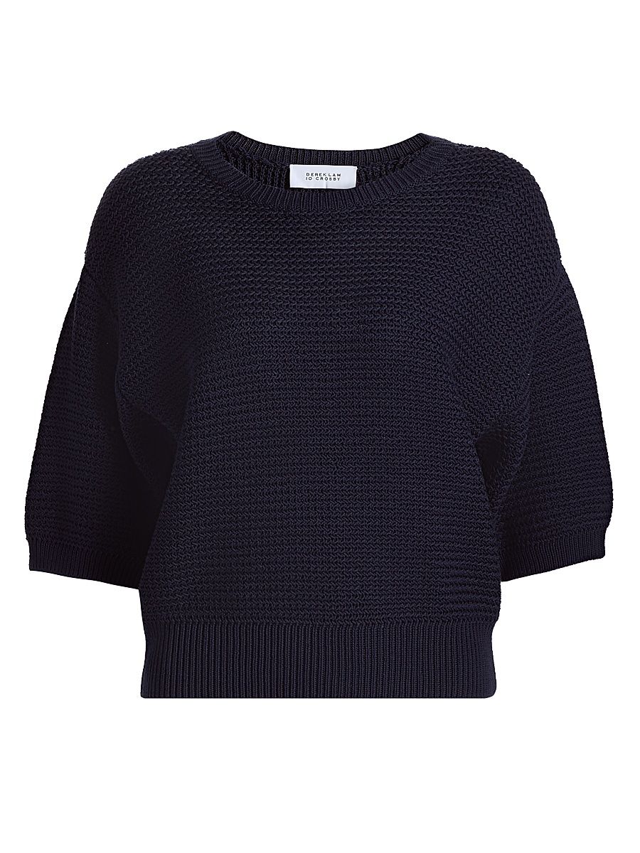 Women's Madison Cotton Elbow-Sleeve Sweater - Navy - Size Medium