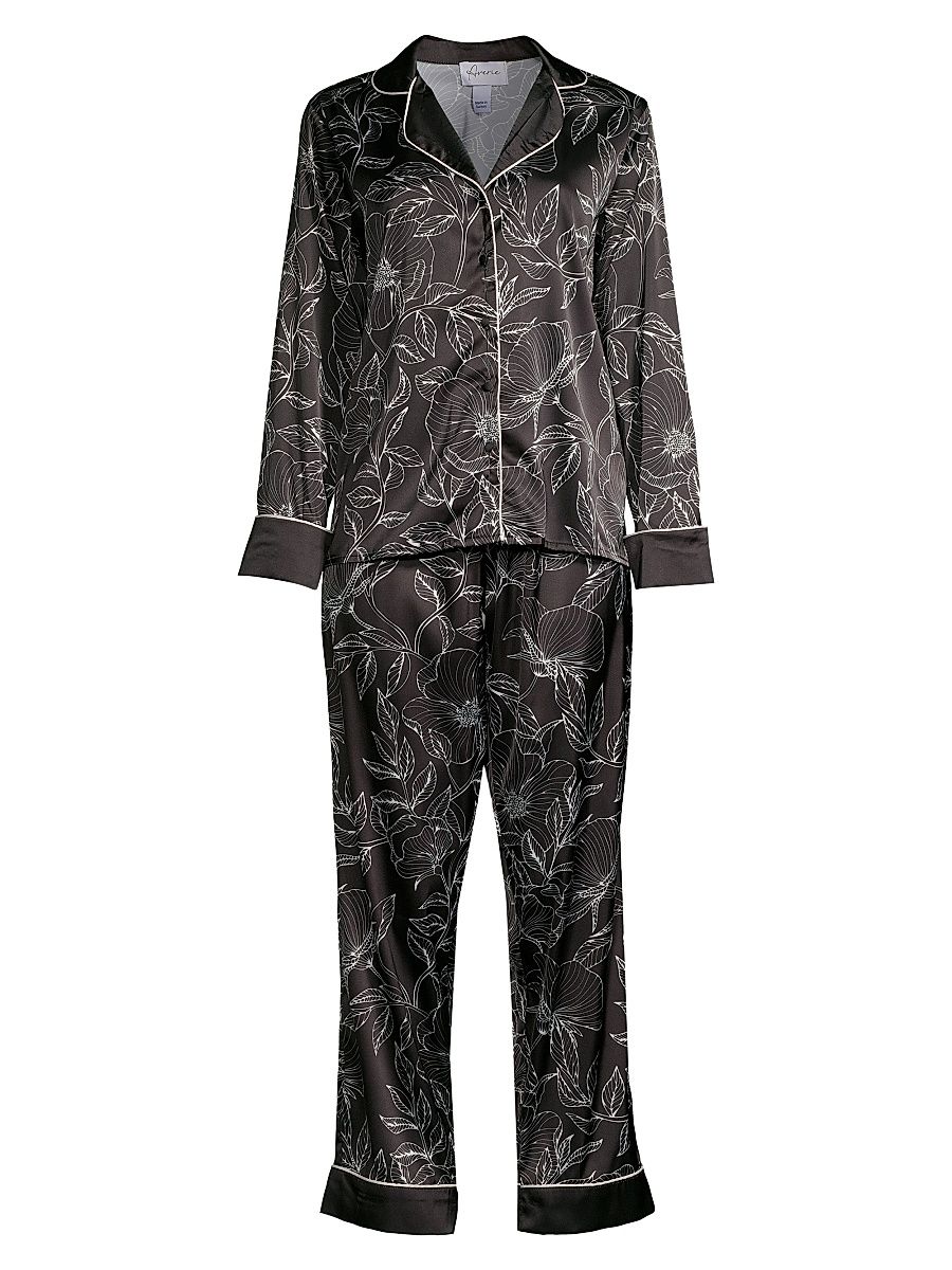 Women's Leaf Print Long Pajama Set - Black - Size Medium