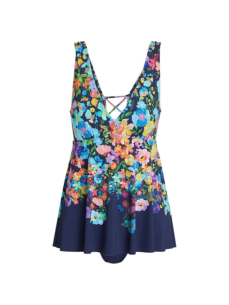 Women's Back-Tie Skirted One-Piece Swimsuit - Wild Bloom Navy - Size Small
