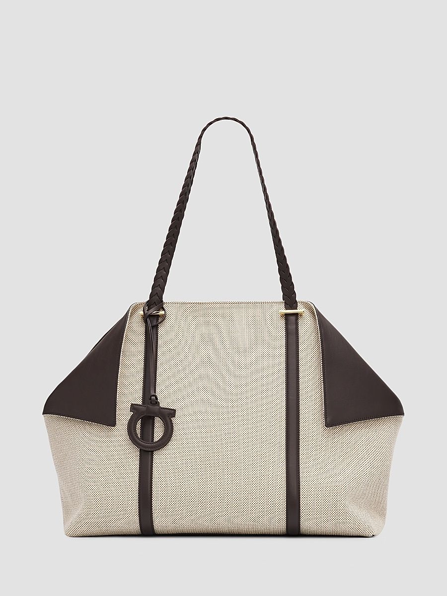 Women's Scarf Braided Leather-Trimmed Tote Bag - Naturale