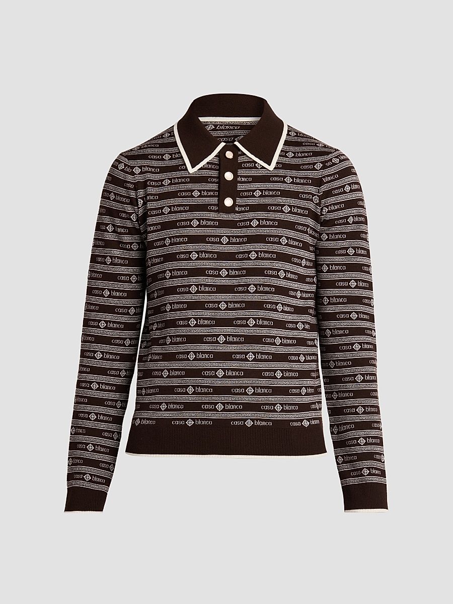 Men's Wordmark Wool Long-Sleeve Polo Shirt - Dark Brown - Size XXL