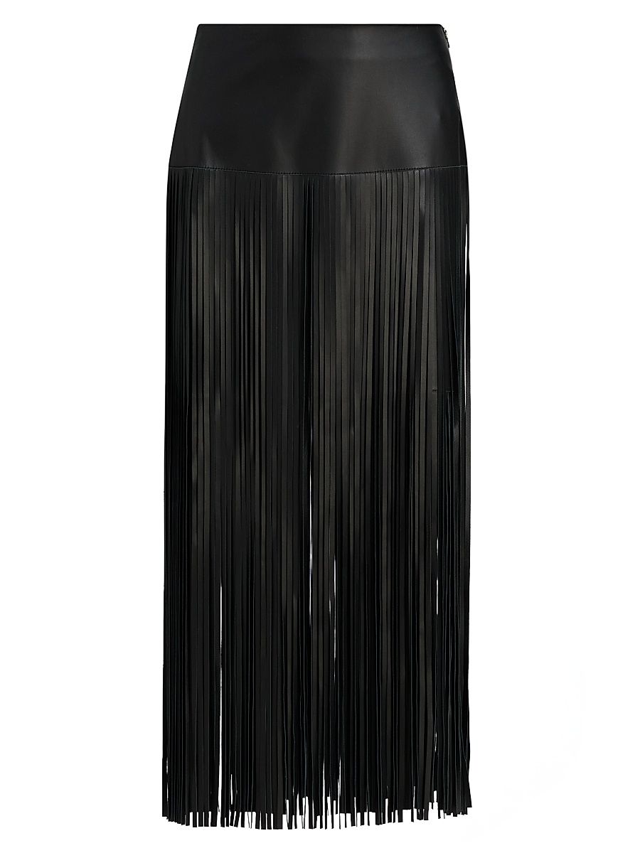 Women's Monte Fringed Leather Midi-Skirt - Black - Size 14