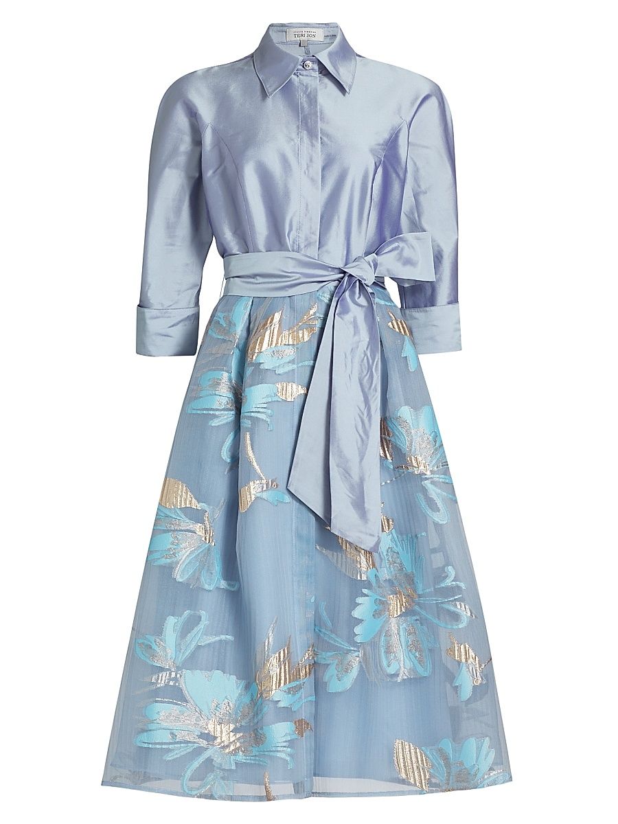 Women's Floral Organza Tie-Waist Cocktail Shirtdress - Periwinkle Multi - Size 14