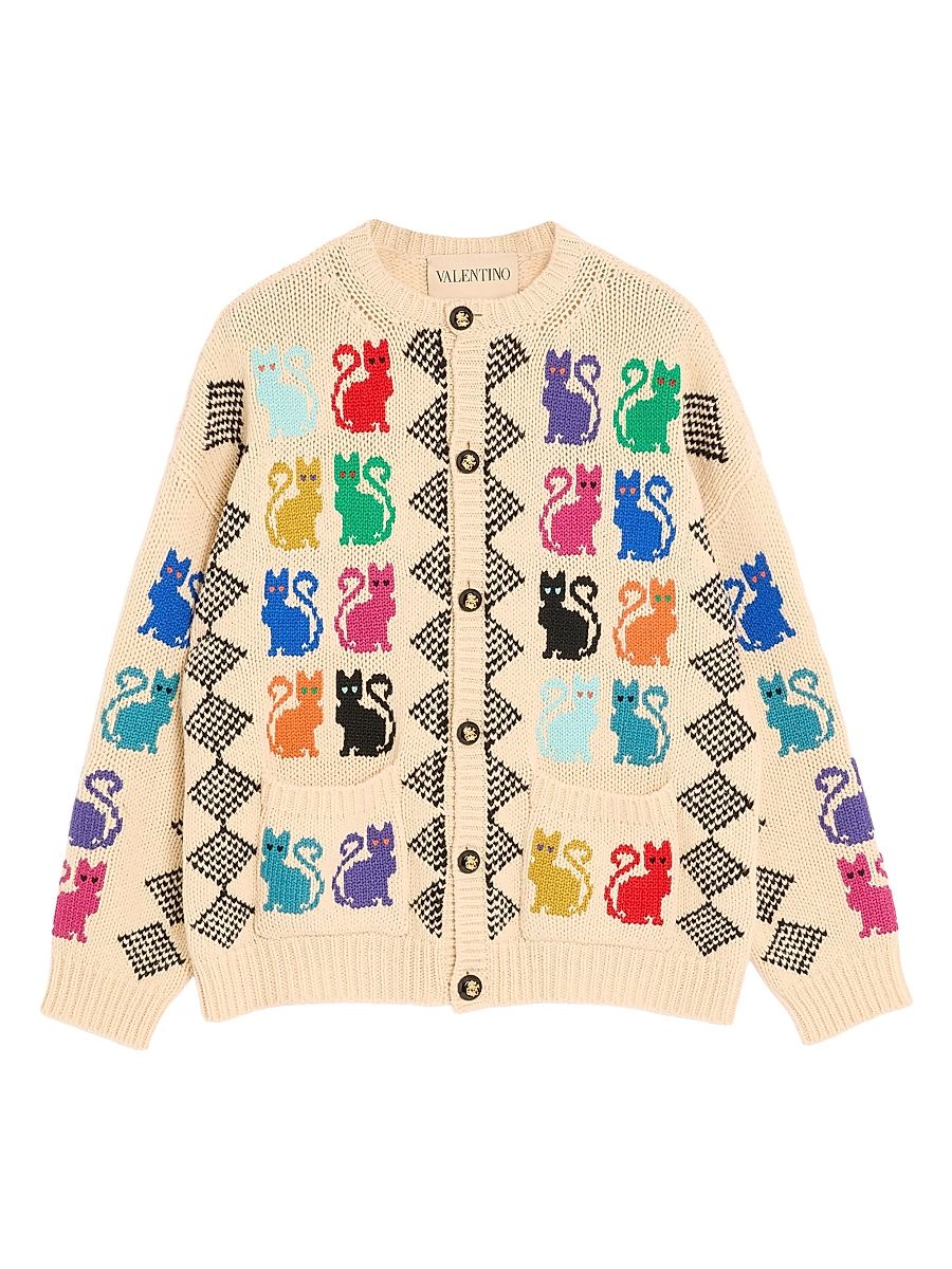 Men's Wool Cardigan With Le Chat De La Maison Jacquard Pattern - Size Medium