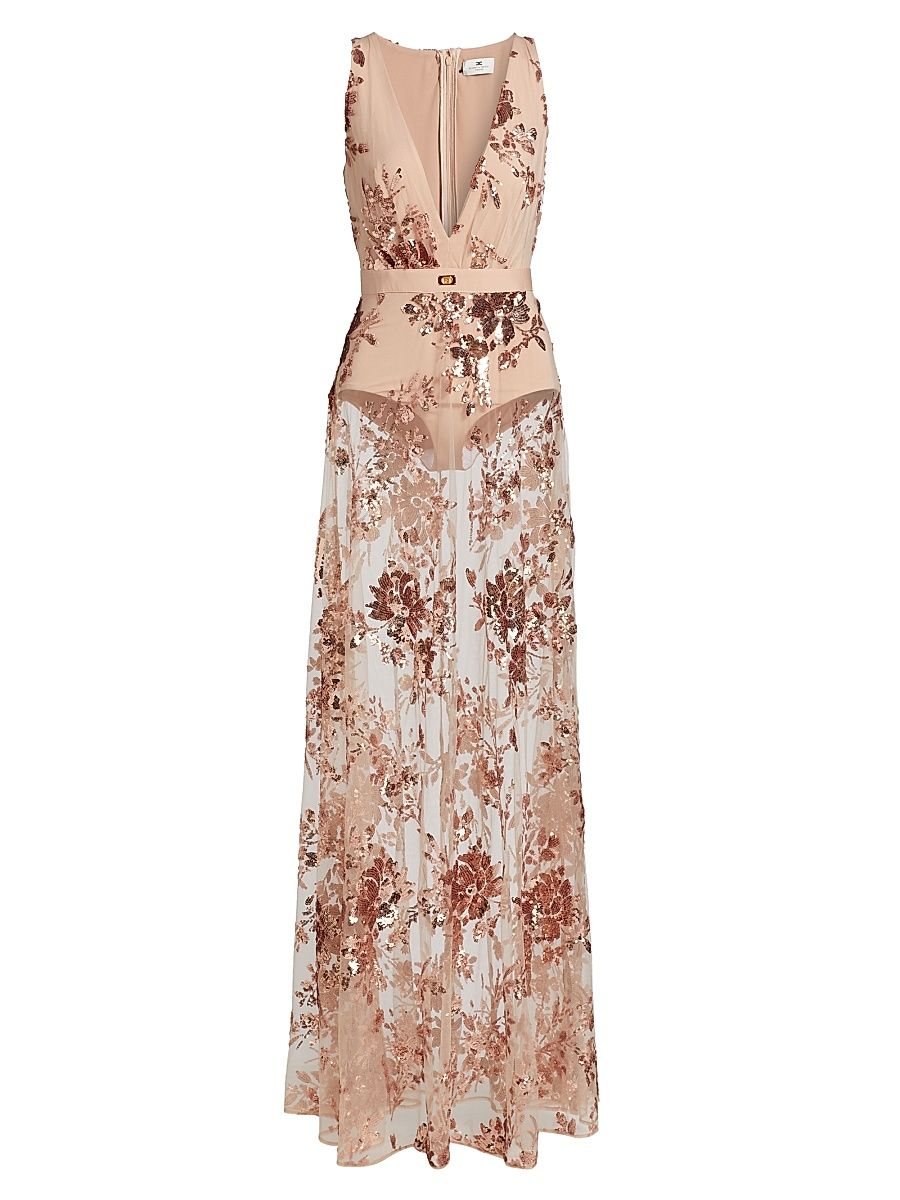 Women's Sheer Floral Embellished Gown - Rosa Baby - Size 8