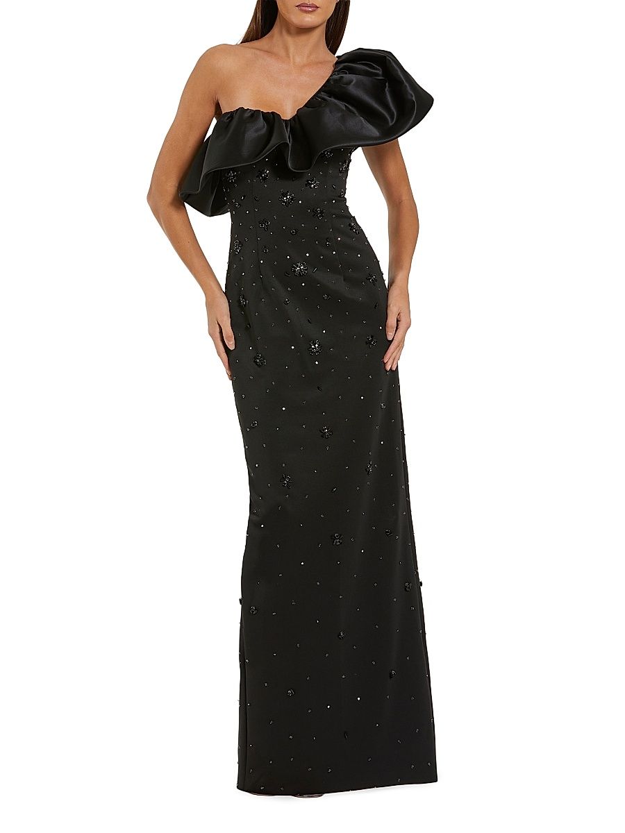 Women's Beaded Stretch Crepe One-Shoulder Column Gown - Black - Size 14