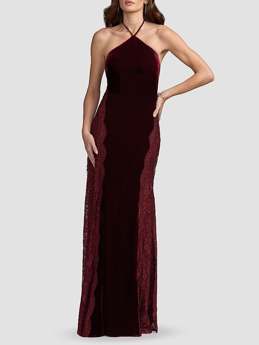 Women's Velvet Lace-Accented Halterneck Column Gown - Burgundy - Size 12
