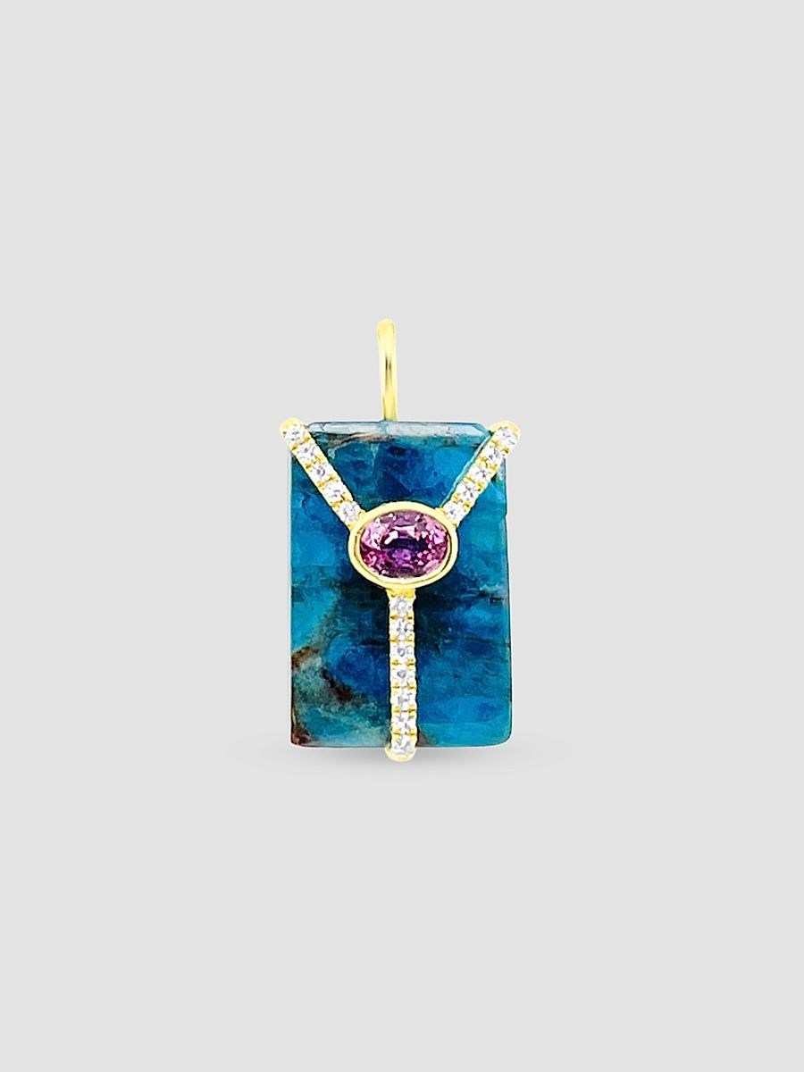 Women's 14K Yellow Gold Chrysocolla And Diamond Pendant With Pink Sapphire Accent - Yellow