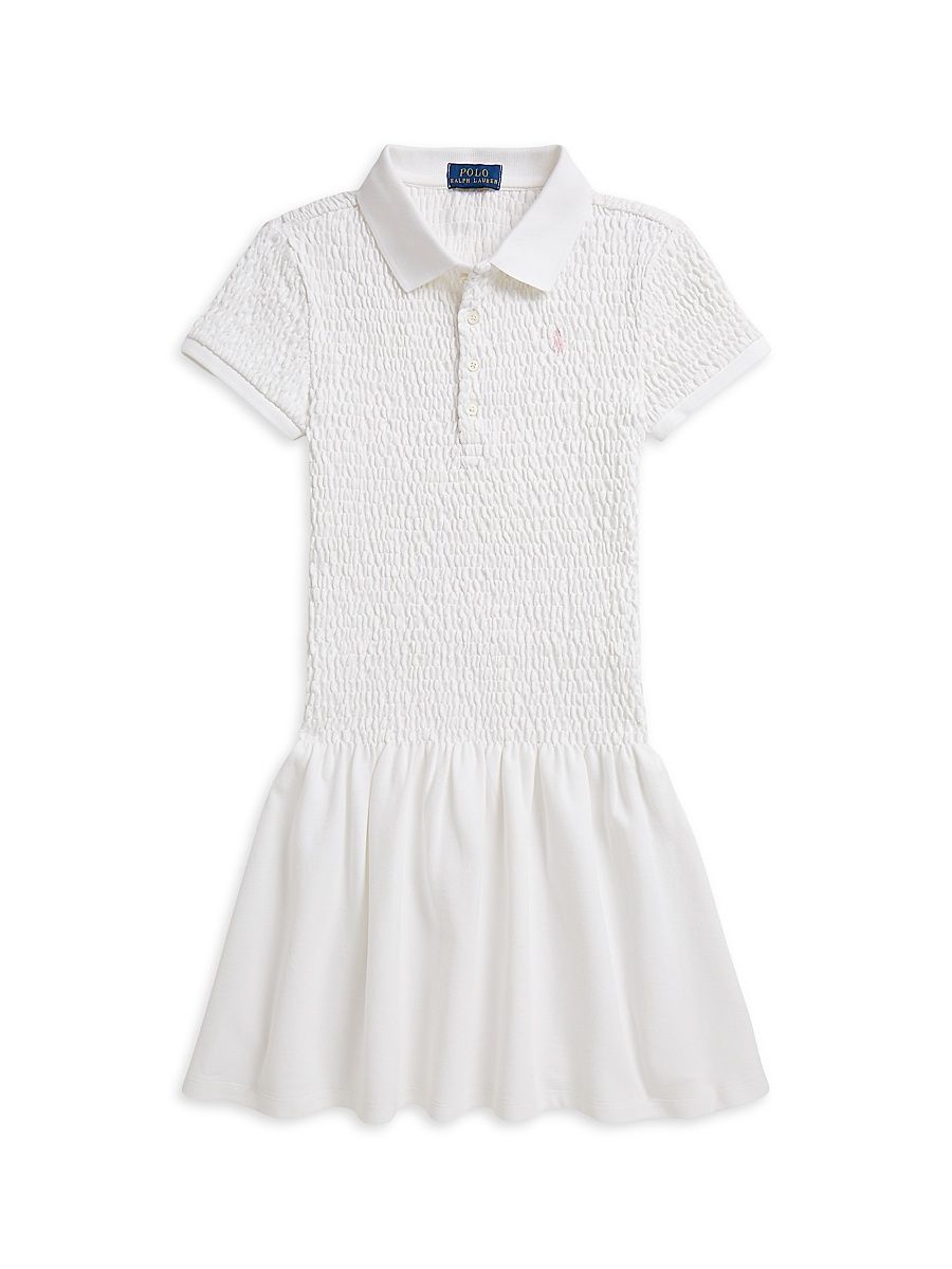 Little Girl's & Girl's Smocked Stretch Mesh Polo Shirtdress - White - Size 5